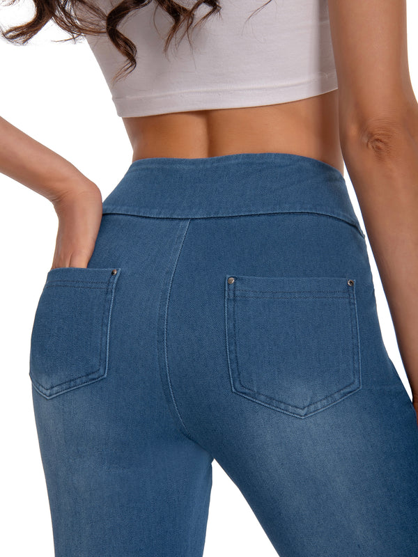 High-Stretch Denim Ankle Pants – Mid-Rise Slim Fit with Pockets, All-Season Comfort & Elastic Waist
