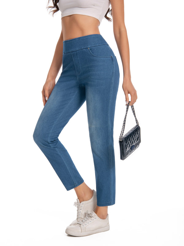 High-Stretch Denim Ankle Pants – Mid-Rise Slim Fit with Pockets, All-Season Comfort & Elastic Waist