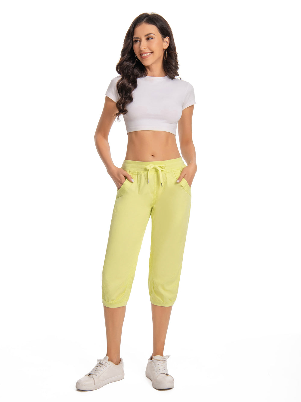 Lightweight Cropped Jogger Pants – Lime Green Lounge Capris with Drawstring Waist, Stretchy & Soft