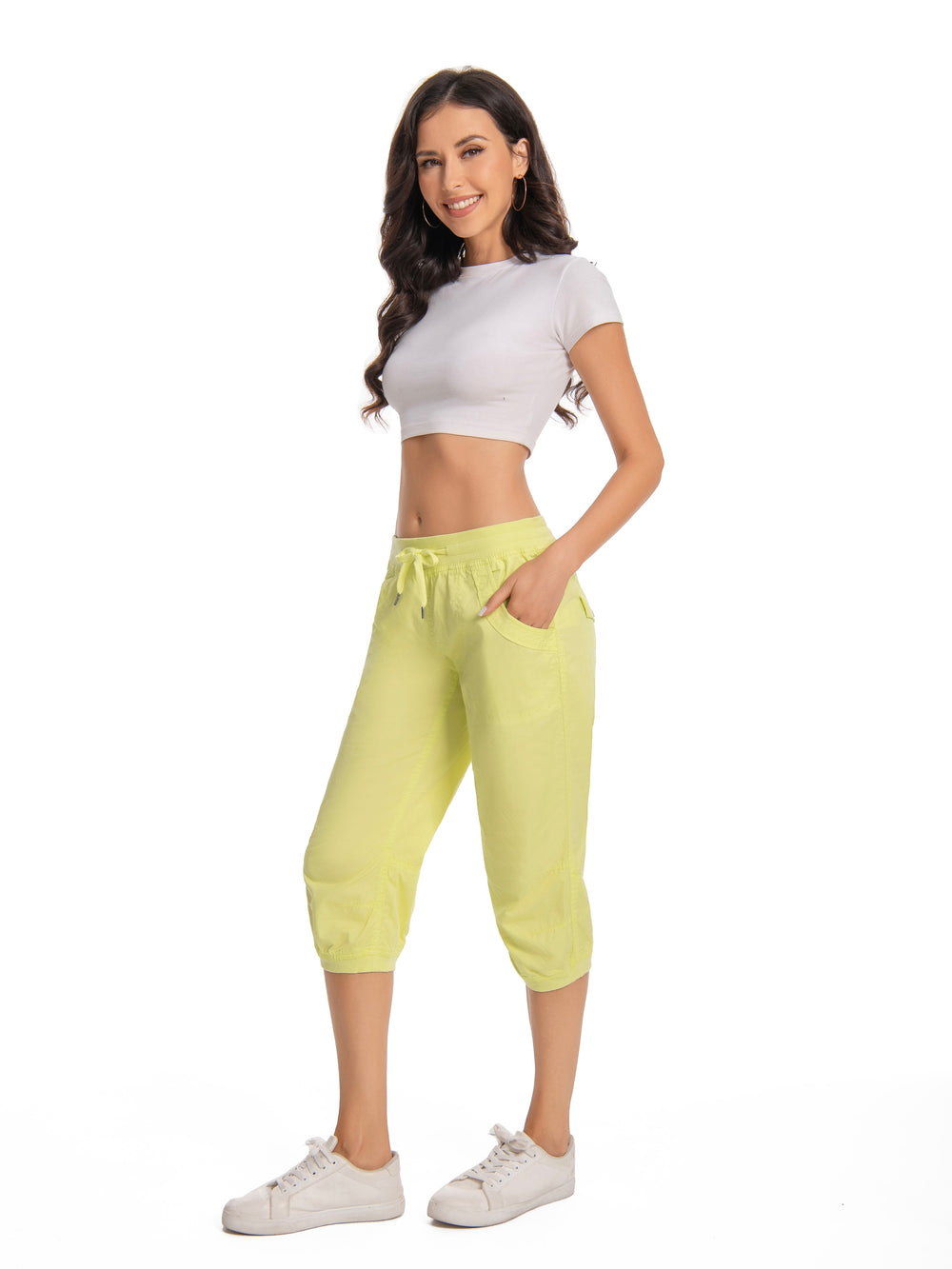 Lightweight Cropped Jogger Pants – Lime Green Lounge Capris with Drawstring Waist, Stretchy & Soft
