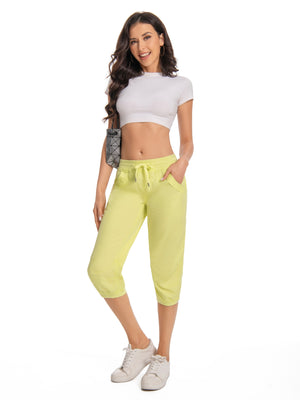 Lightweight Cropped Jogger Pants – Lime Green Lounge Capris with Drawstring Waist, Stretchy & Soft