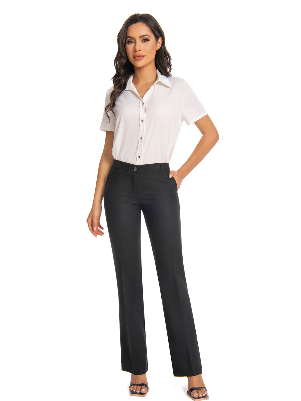 Work Pants – Mid Waist Stretch Straight-Leg Trousers with Pockets for Office, Travel & Daily Wear